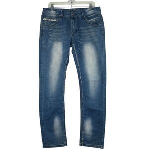 TUMI Men’s 34x32 Blue Premium Denim Jeans Straight Relaxed Fit Distressed Faded